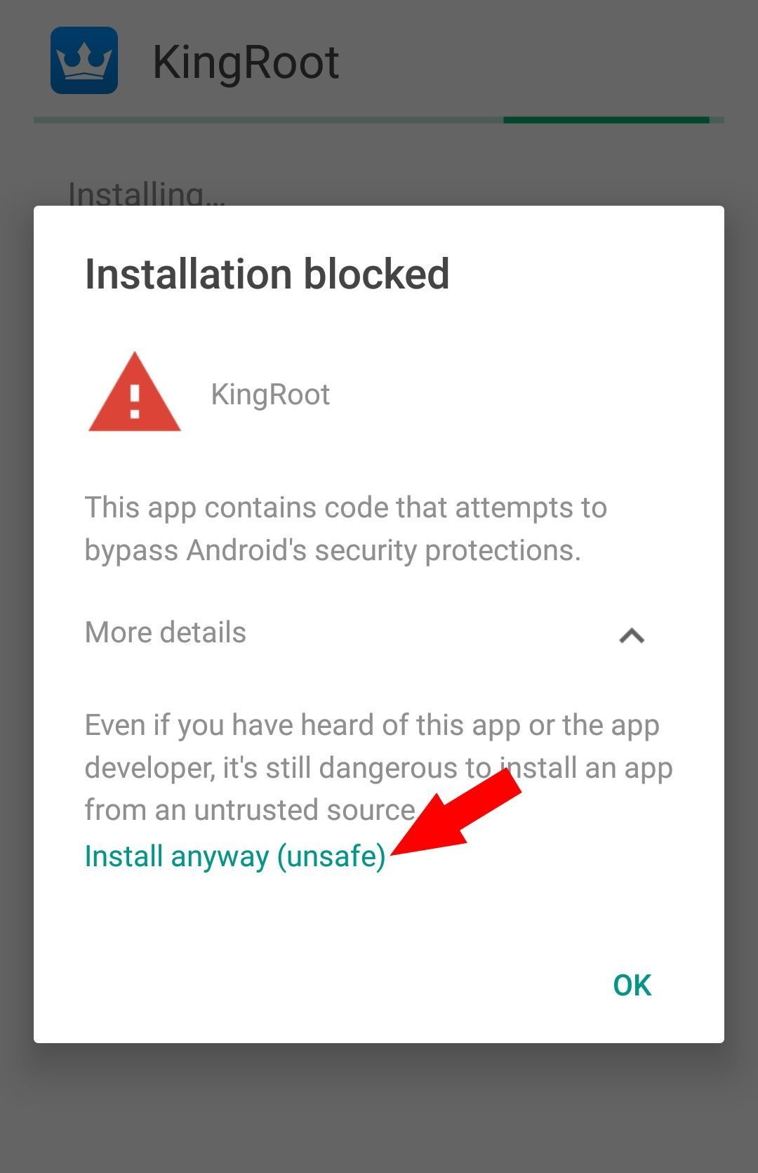 Install anyway option on Kingroot installation