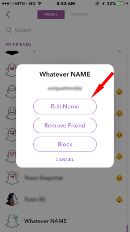 Edit Friend's snapchat display name using iPhone