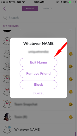 Editar el nombre para mostrar de snapchat de un amigo con iPhone