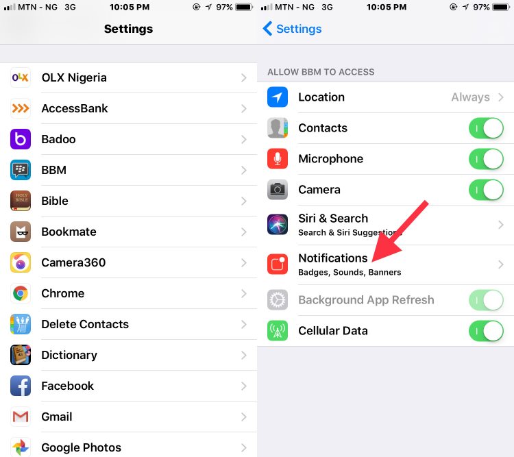 disable specific apps notificatios on iPhone on iOS 11