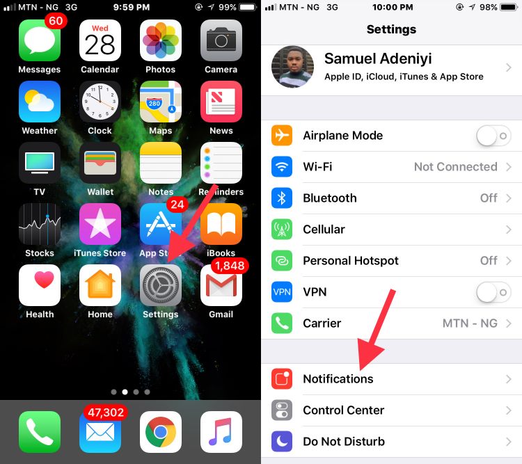 notification option on iOS 11