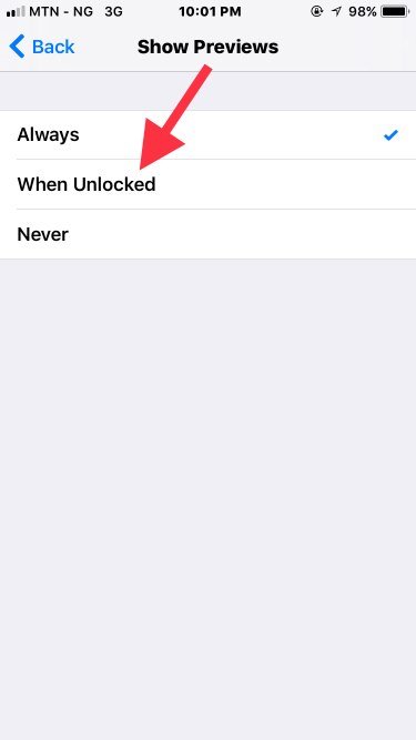 select when unlocked push notification option on iPhone running iOS 11