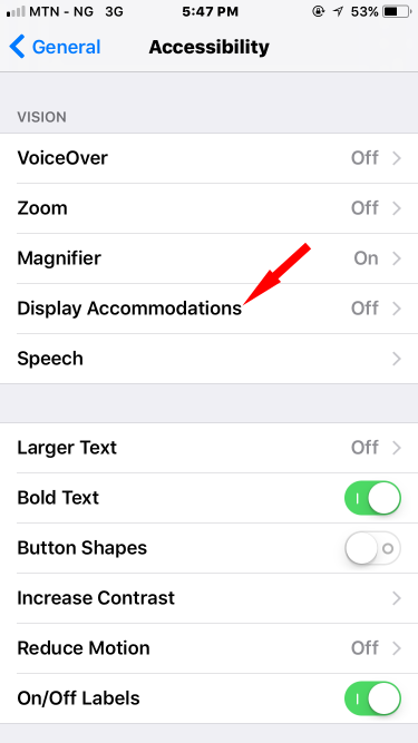 display accommodation on iOS 11