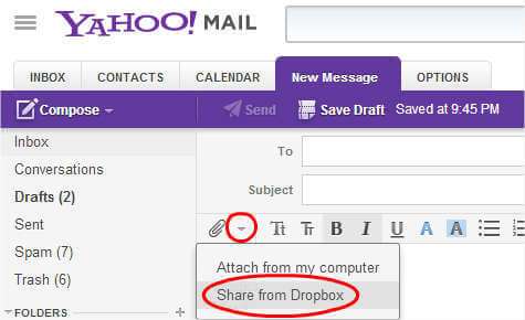 Add attachment via dropbox on yahoo mail