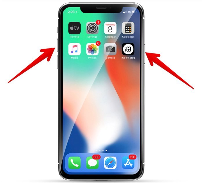 Press Side Button and Volume Up or Down Button to Turn Off iPhone X