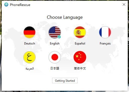 language options to choose from on phonerescue for iOS on windows PC