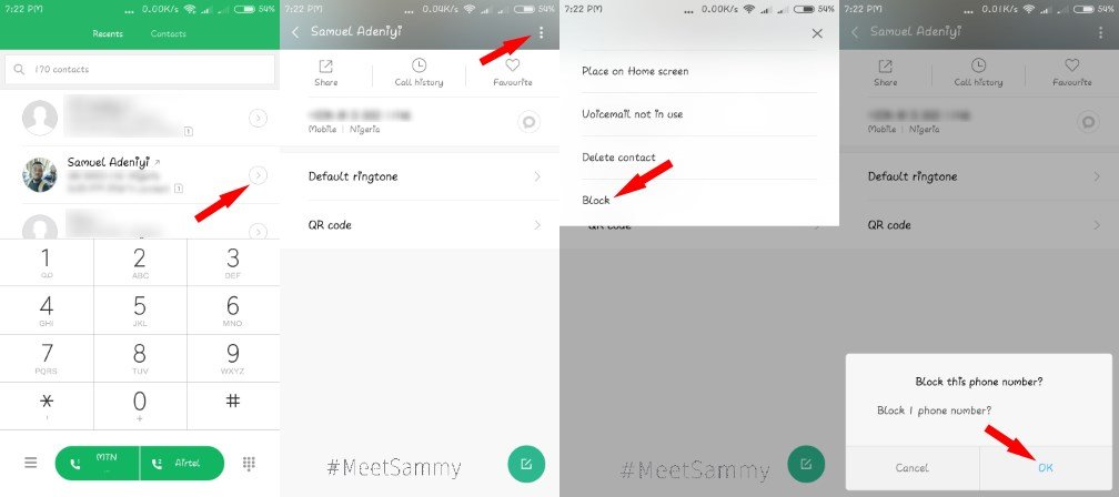 steps to block numbers on xiaomi android phone using call log method